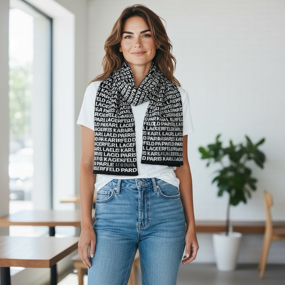PRICE IS FIRM - Karl Lagerfeld Monochrome Logo Scarf Wrap - Picture 2 of 6